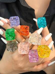 Bague en perle carrée asymétrique géométrique en résine, bague de doigt transparente couleur macaron Ins printemps/été - Multicolore A - Voir 2