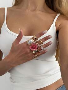 Juego de 8 anillos apilables de estilo bohemio en color dorado, decorados con flores rosas, perlas barrocas, diseños de conchas marinas y estrellas de mar, anillos de nudillo abiertos y ajustables, accesorios de playa de verano Y2K para mujer, adecuados para fiestas de vacaciones y uso diario - Dorado - Ver 4