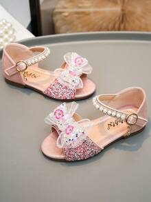 1 Pair Girls' Rhinestone Princess Sandals With Faux Pearl Bow, Soft Sole, Versatile Casual Princess Shoes For Little And Middle Girls, Suitable For School, Commuting, Travel And Leisure - Pink - View 4