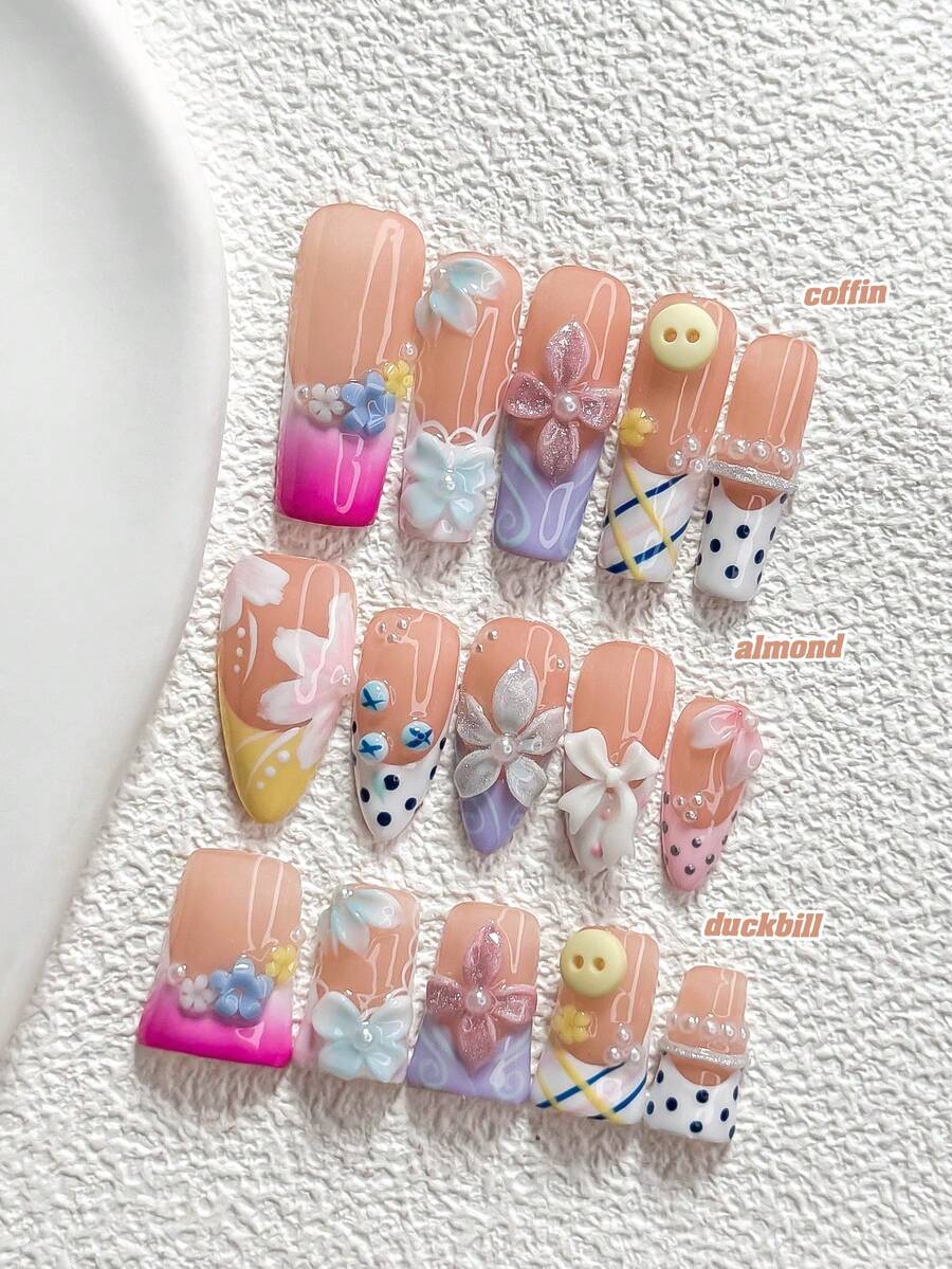 10片鄉村風手工穿戴甲,Polygel美甲套組,星星、藍莓、花瓣與蝴蝶結元素,黃粉白配色,甜美風,含美甲工具,3種尺寸可選,杏仁/鴨嘴/棺材形,適合派對、舞會、日常配戴 - 彩色 - 查看 1