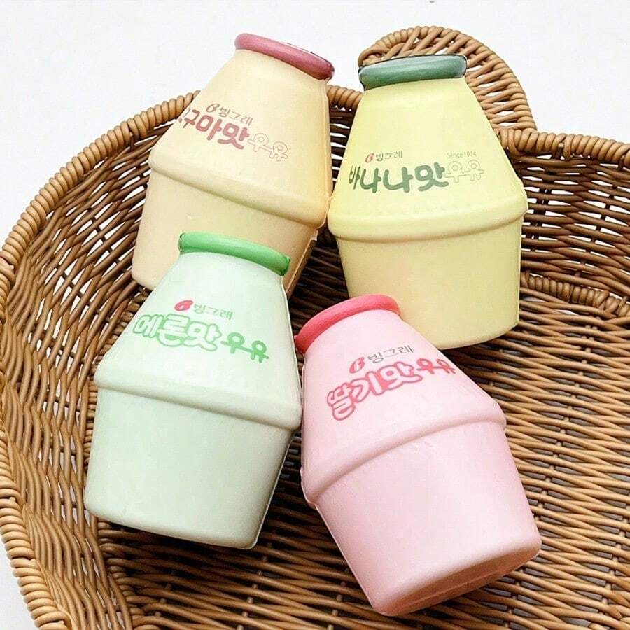 Realistic Binggrae Milk Drink Squishy, Creative Slow Rising PU Toy, Desktop Ornament & Stress Relief Toy - Binggrae Milk Bottles (4 Designs, Approximately 10cm Tall) - View 1