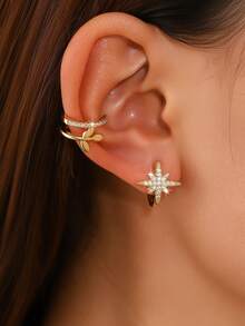 6pcs/Set European & American Style Octagonal Star Fully Rhinestone Earrings, Multi-Layer C-Shaped Micro-Pave Rhinestone Ear Clips, Niche Design, Exquisite Earrings, Women's - Gold - View 3