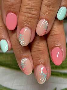 24 piezas de uñas postizas ovaladas lindas de verano, uñas de presión con diseño de lunares de colores vibrantes y patchwork, arte de uñas minimalista fresco y lindo, adecuado para que las mujeres las usen en salidas, citas y uso diario en primavera y verano - Azul Cadete - Ver 1