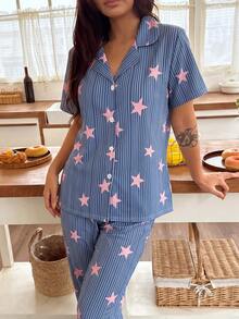 Bonmuse Plus Size Modest Premium Soft Star Striped Print 2 Piece Pajama Set For Women, Collared Button Front Long Sleeve Top & Full Length Pants Breathable Da - Blue - View 5
