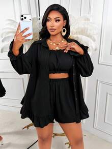 AIJ Plus Size Women's Casual Set, Ruffle Hem Button Front Shirt Collar Top Elegant Summer Black - Black - View 4