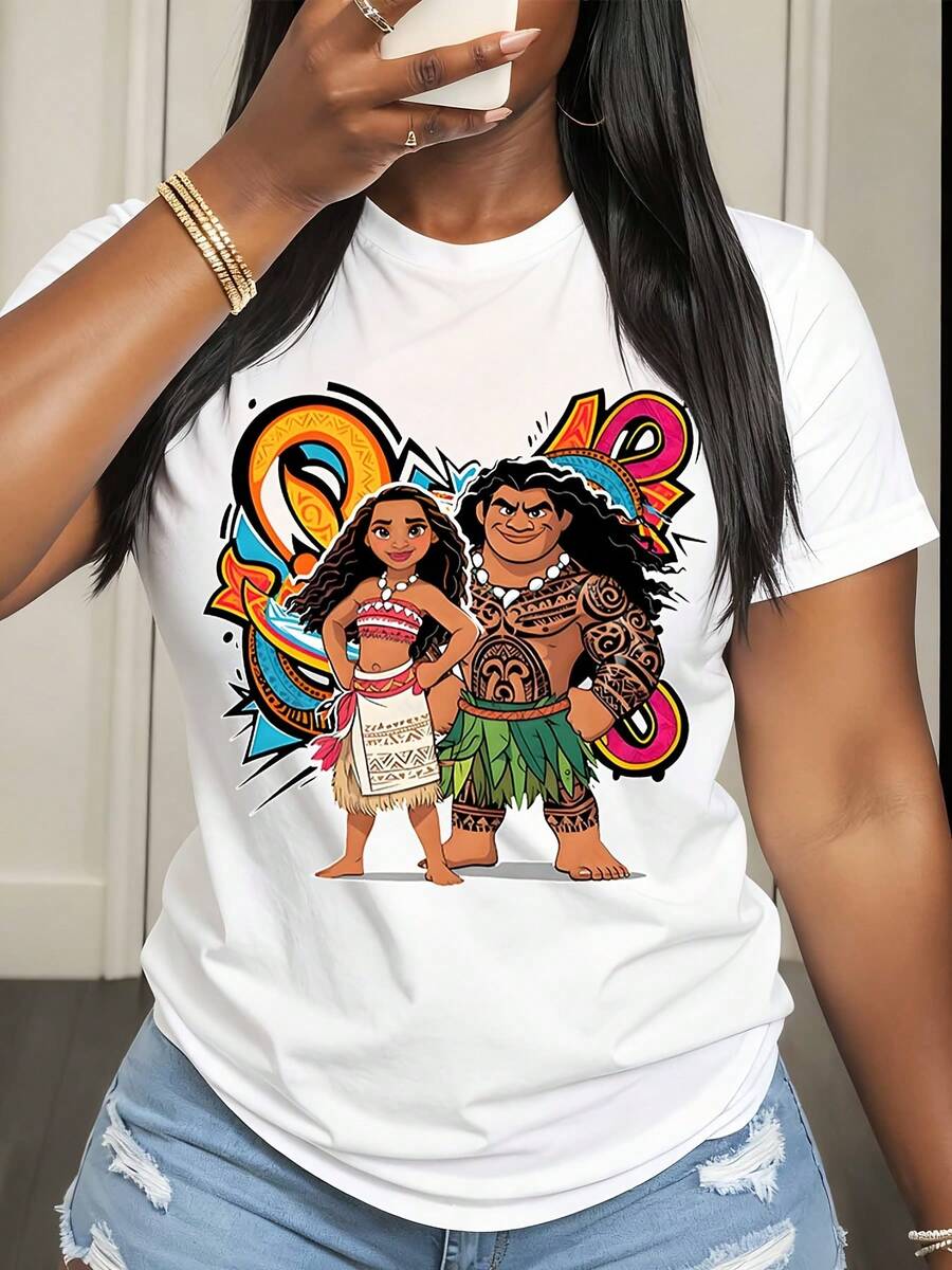 Disney Moana And Maui Character Print T Shirt Women Casual Summer Fashion Streetwear Style Top For Everyday Wear And Outings - 白色 - 查看 1
