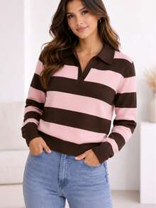 Women's Striped Knit Sweater With Polo Collar. - 淺粉色 - 查看 1
