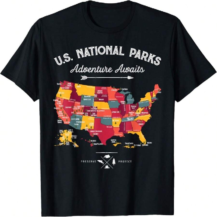 63 National Parks Map US Park Retro Vintage Camping Hiking T-Shirt(3) - 黑色 - 查看 1