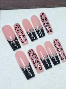 CrystalHola 10 Pcs Of Handmade Coffin-Shaped Nails, Y2K Style, Perfect For Summer Vacations, Graduation Season, The World Cup, And Independence Day. Black And Pink With Rhinestones, French Tip Nails, Suitable For Parties, Weddings, And Everyday Wear. Handmade Press On Nails - Multicolor - View 2