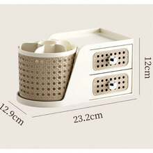 Retro Rattan Style Rotating Pen Holder With Drawers, Multi-Functional Desk Organizer For Stationery, Cosmetics & Small Accessories, Ideal For Office, Bedroom & Home Use - View 3