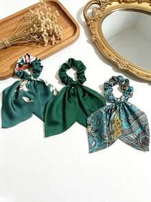 3pcs Set Satin Solid Color Headscarf Triangular Shawl, Hair Accessories - Dark Green - View 7