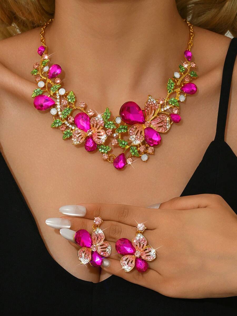 3 peças/Conjunto Colar de Cristal Cintilante Vazado da Moda Feminina Nupcial, Conjunto de Joias Luxuoso Adequado para Jantares de Alto Padrão e Casamentos - Jin Meihong 189-2 - Visão 1