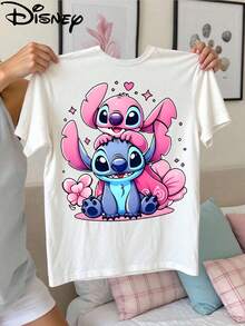 Disney Lilo & Stitch Kids T-Shirt, Stitch & Angel Love Double-Sided Graphic Tee, White Short Sleeve For Girls - 白色 - 查看 2