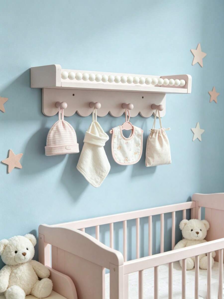 12//3pcs Wavy Edge Wooden Floating Shelves With Beaded Hanging Rod And 4 Hooks, Baby Room Wall Storage Rack, Suitable For Bibs, Hats And Decorations - Multicolor - View 1