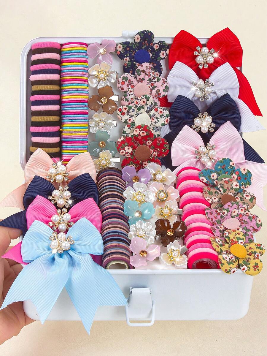 178pcs Vintage Atmosphere Girls Hair Accessories Set, Pearl Rhinestone Solid Color Hair Clips, Pearl Ditsy Floral Flower Hairpins, Shiny 3D Clover Alligator Hair Clips, Side Clips, High Elasticity Towel Scrunchies, Thin Hair Ties, Daily Match Party Headwear - Multicolor - View 1