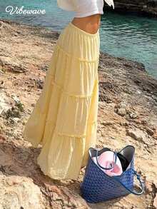 VIBEWAVE 2026 Summer New Fashion Casual Sweet Pleated Midi Skirt For Women - Gold - View 1