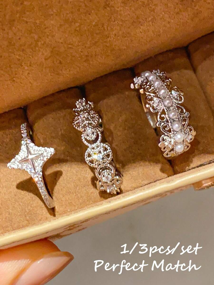 1/3pcs Fashionable Luxury Star Hollow Ring Copper Inlaid Rhinestone Faux Pearl Silver Open Ring, Suitable For Women's Daily Party Holiday Date Matching, Jewelry Gift, Wedding Jewelry - Silver - View 1