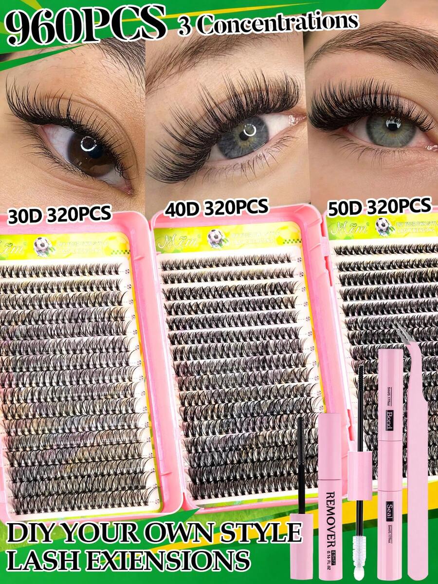 960片裝睫毛接種套組 30D+40D+50D 捲翹蓬鬆簇狀睫毛，含膠水、卸除液與鑷子，輕盈自然 DIY 單根睫毛，適合初學者，適用日常、婚禮、派對、旅行、音樂節，禮盒裝