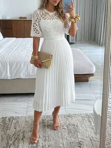 ChicMe Women's Lace Hollow Puff Sleeve Stand Collar Ruffle Midi Dress, Back Zipper Closure, Elegant For Party, Cocktail, Work And Casual Wear - White - View 6