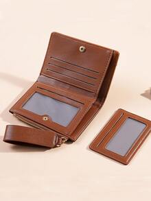 Dompet Wanita Minimalis Tekstur Leci Vintage, Tempat Kartu Lipat Dua Elegan Kelas Atas dengan Banyak Slot, Dompet Koin Pendek dengan Resleting dan Desain Huruf - Coffee Brown - View 6