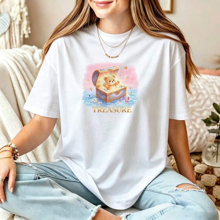 Treasure Teddy Bear Tee, Magical Chest Pastel T-Shirt, Whimsical Pearl Star Ocean Top, Cute Fairy Tale Gift Shirt - White - View 1