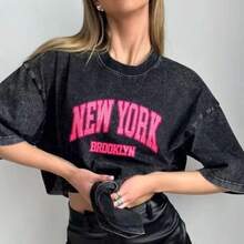 1PIECE T SHIRT ONLY Trus Cotton, Summer Women's Fun Printed Hip-Hop "New York" Personalized Letter Pattern Printed Street , Korean Version Comfortable Retro Fashion Commuting Versatile Y2k Clothing Women's Clothing, Suitable For Outdoor Leisure Short Sleeve,Graphic Tee For Women/Man - 黑色 - 查看 1