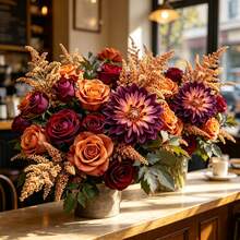 3pcs Autumn Mixed Artificial Flowers, Orange Red Peony Rose Dahlia Lavender Faux Bouquet For Home Cafe Wedding Photography Spring Decor - Multicolor - View 4