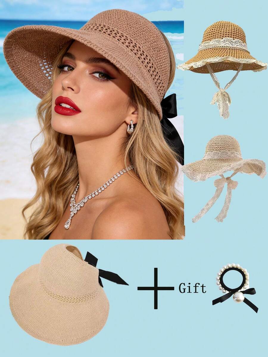 Sombrero Visera para Mujeres con Borde de Encaje, Sombrero de Paja de Ala Ancha y Sombrero de Paja de Ala Ancha Enrollable con Coleta, Sombrero de Playa de Verano con Protección UV UPF, Plegable y Portátil para Viajes, Estilo Bohemio con Lazo - Multicolor 4 - Ver 1