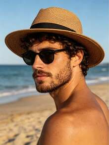 1pc Unisex Tape Decorated Bohemian Style Straw Hat, Suitable For Outdoor Leisure - Multicolor - View 5