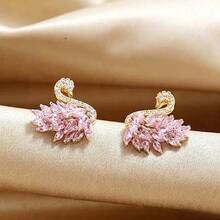 1 Pair Women's Pink Crystal Swan Earrings, Inlaid With Sparkling Cubic Zirconia, Elegant Animal Design, Suitable For Daily Wear And Party Occasions - Pink - View 4