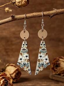 1 Pair Bohemian Vintage Floral Pattern Triangle Wooden Earrings, Painted Print Pastoral Ear Jewelry - Multicolor - View 6