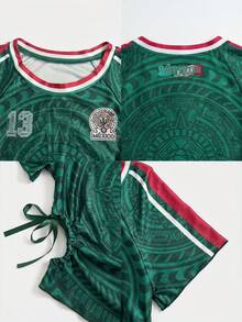 Women's Casual Mexican Style Jersey Round Neck Drawstring Hollow Out Flared Hem Fitted Short T-Shirt, Summer Vacation Top - Green - View 6