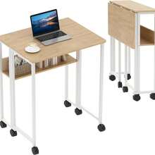 Folding Desk With Storage Shelf, 24.8 Inch Compact Table On Wheels For Small Spaces, Multi-Purpose Portable Writing And Study Desk  Home Office, Bedroom,Dorm, White - D - View 1