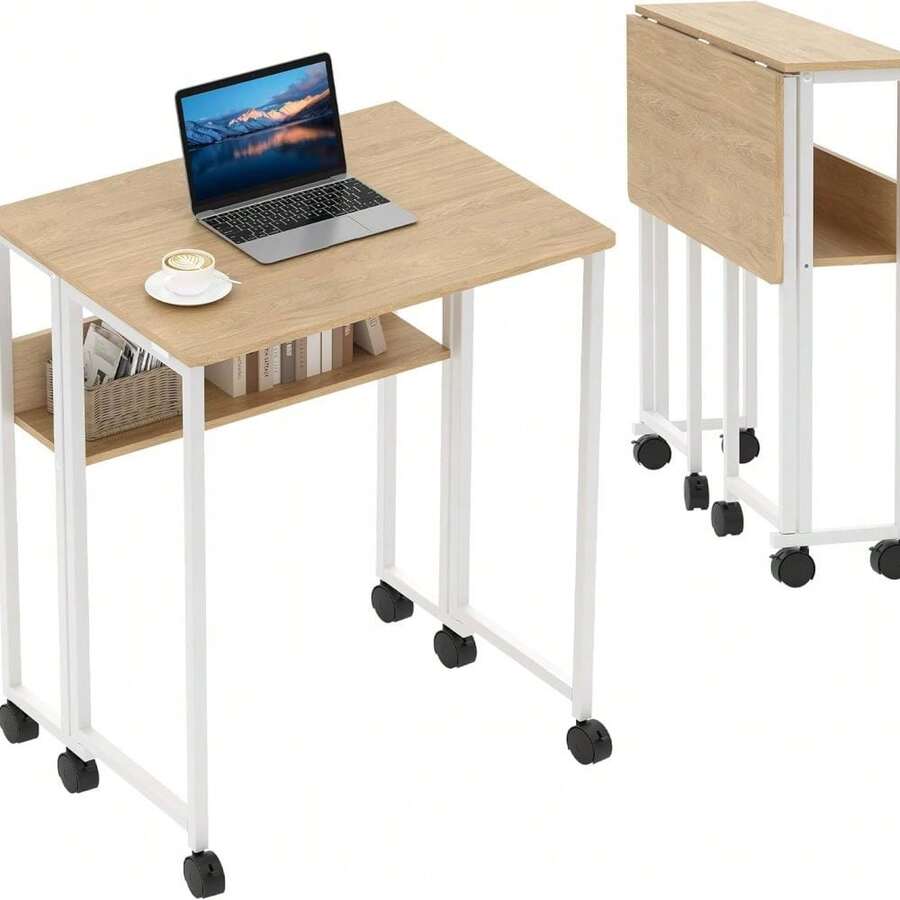 Folding Desk With Storage Shelf, 24.8 Inch Compact Table On Wheels For Small Spaces, Multi-Purpose Portable Writing And Study Desk  Home Office, Bedroom,Dorm, White - D - View 1