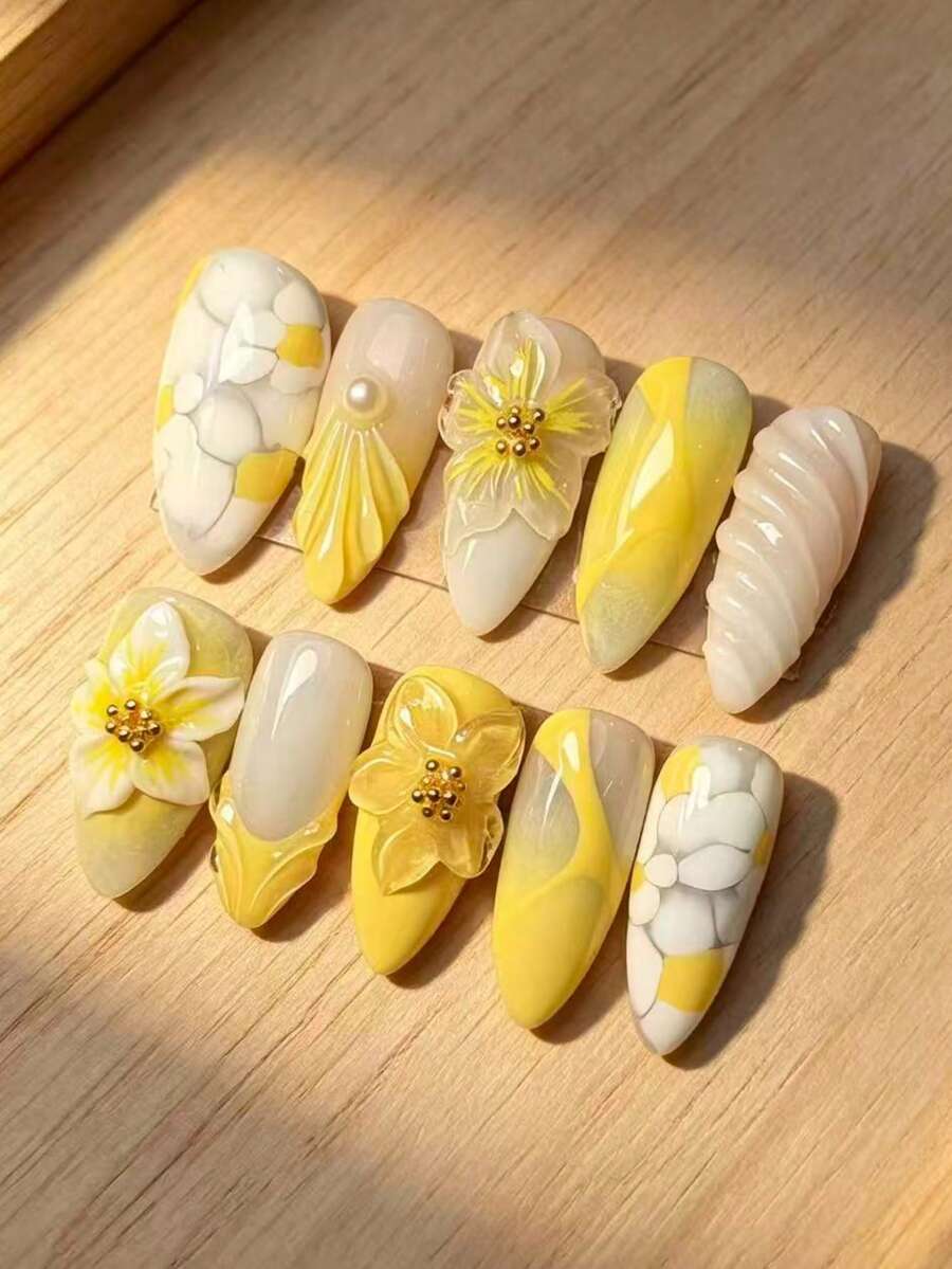 10片裝 Y2K 風格 3D 花卉穿戴甲,白色與黃色漸層條紋,暖黃色調,可拆卸假指甲,適合約會與日常通勤,優雅溫柔造型 - 黃色 - 查看 1
