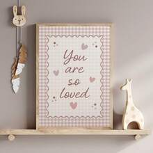 1pc Framed Canvas Baby Nursery Wall Art Decor, "You Are So Loved" Children's Artwork, Soft Pink Plaid Background With Heart And Wave Border, Bohemian Style Baby Girl Nursery Decor, Ready To Hang Framed Painting, Suitable For Toddler Bedroom, Playroom, Classroom, Baby Shower Gift, Little Baby Gift, Love And Affirmation Themed Artwork, Soft Pastel Color Palette Aesthetic, Modern Whimsical Style Children's Room Accent Decor - Multicolor - View 6