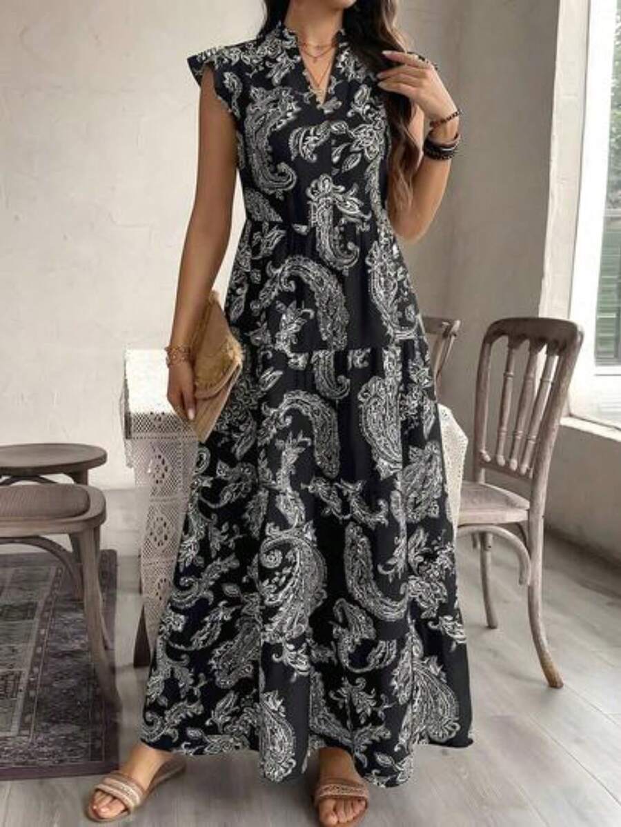 guang zhou mi qian shang mao Vestido elegante de manga corta con estampado floral de anacardo de estilo bohemio para vacaciones, adecuado - Blanco y Negro - Ver 1