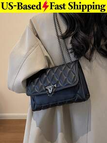 Casual Indentation Diamond Shape Square Bag Chain Flap Shoulder Crossbody Bag Solid Color Quilted Handbag Black Purse For Daily Travel Back To School - Multicolor - View 2