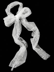 Voile long en tulle avec nœud et perles, accessoire de tête ruban de mariée multifonction, écharpe de cou de mariage pour la mariée, séance photo d'élopement - Blanc - Voir 6