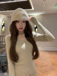 Women's V-Neck Ribbed Solid Color Long Sleeve Sweater - Oatmeal - View 1