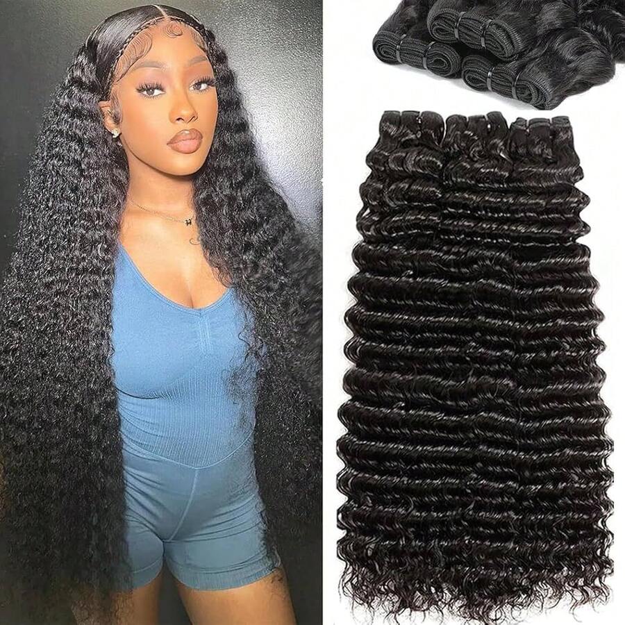 Uveous Deep Wave Human Hair Bundles 12A Brazilian Raw Unprocessed Virgin Hair Double Weft Hair Extensions Wet And Wavy Deep Curly Water Wave Human Hair Thick Full Natural Black Hair For Women 1/3/4 Bundles Pack