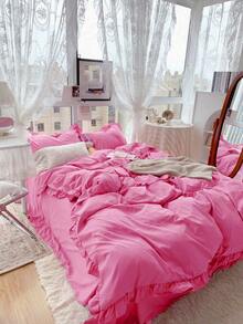 Set Sprei Lembut Ramah Kulit 3pcs Warna Merah Mawar Krem Gaya Feminin dengan Pinggiran Bergelombang, 3 Buah (1*Sprei + 2*Sarung Bantal), Cocok Untuk Kamar Tidur, Kamar Tamu, Semua Musim, Dapat Dicuci dengan Mesin - Rose Red - View 5