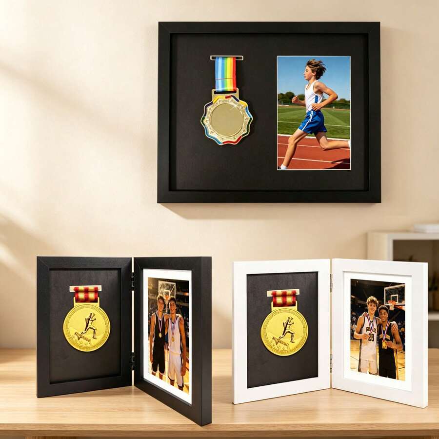 1pc 4x6 Inch/8x10 Inch Medal Display Box Folding Photo Frame, Suitable For Running, Football And Rugby, Ideal Gift For Sports Enthusiasts, Vibrant Display Box Folding Photo Frame, Sports Awards (Medal Not Included, Photo Paper Not Included) - 1PC - View 1