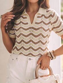 Women's Summer New Wave Pattern Hollow POLO Collar Knit Short Sleeve Top, Breathable Contrast Color V-Neck Loose Slimming Casual T-Shirt Vacation - Multicolor - View 3