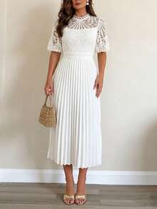 ChicMe Women's Lace Hollow Puff Sleeve Stand Collar Ruffle Midi Dress, Back Zipper Closure, Elegant For Party, Cocktail, Work And Casual Wear - White - View 2