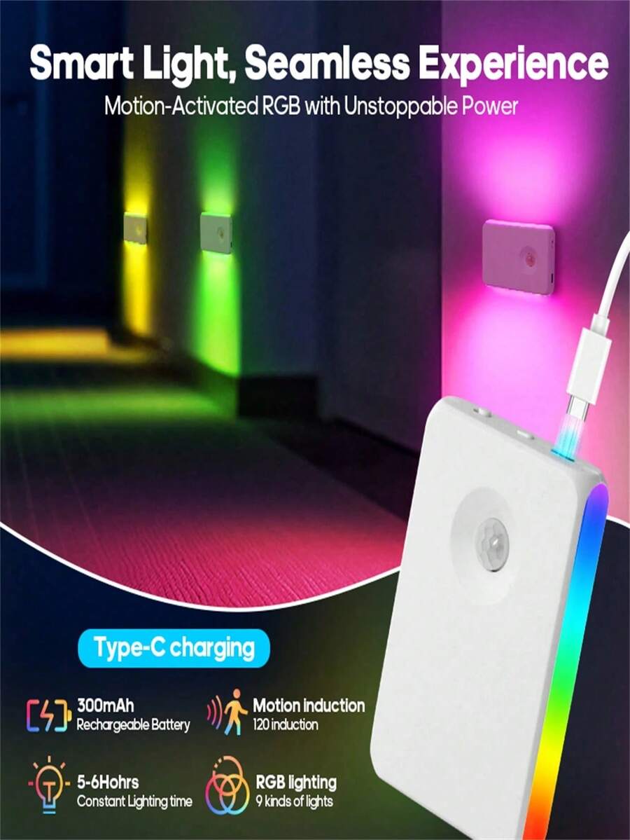 1/2pcs Smart Motion Sensor LED Night Light, Dual-Sided Glowing Design, Cabinet Light, Sensor Light, Warm Light/RGB Color Optional, Dimmable Ambient Light, Suitable For Gaming Area, Bedroom, Bathroom, Kitchen, Bedroom Decor, Room Decor, Battery Capacity: 300mAh