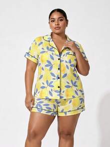 Snug League Marira Curve 2pcs/Set Cute Lemon Print Bow Decor Plus Size Ladies Pajama Set, Includes Short Sleeve Shirt With Collar & Button - Yellow - View 2