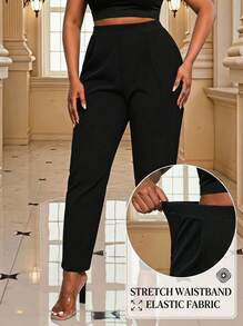 SHEIN Lady Plus Fold Pleated Slant Pocket Pants Plus Size Women's Pants, Summer Coordinated, Rave Festival, Long Women Dresses, Wedding Reception Dress Black - Black - View 3