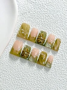10pcs Elegant Handmade Press-On Nails, Polygel Nail Art Set, Pearl Petal Pattern, Dark Green Nail Polish, Minimalist Style, Includes Nail Tools, 3 Sizes Available, Almond/Duck/Coffin Shape, Suitable For Party, Dancing, Daily Wear - 彩色 - 查看 12