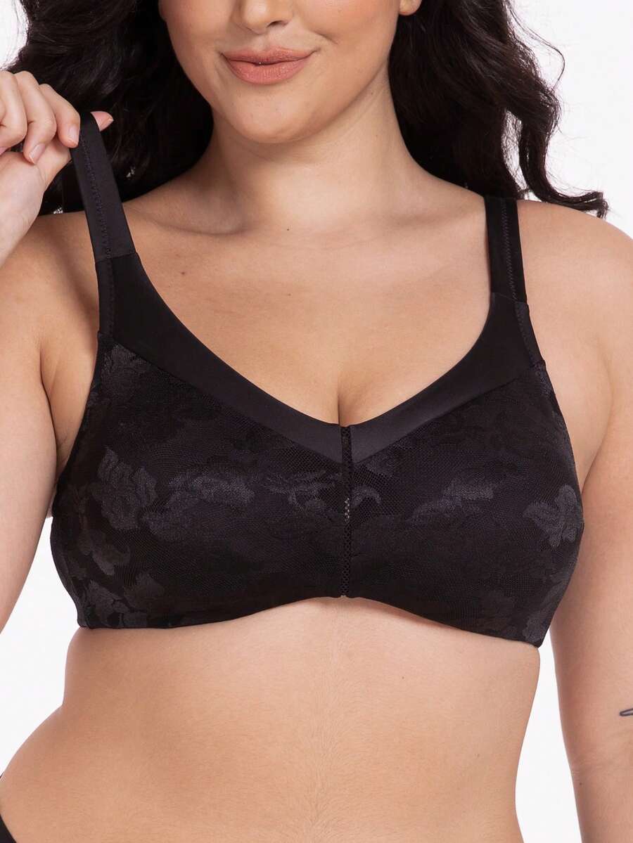 Wingslove Minimizer Wireless Bra, Full Cup Unlined Delicate Floral Pattern Soft Daily Wear For Curvy Women - Black - View 1